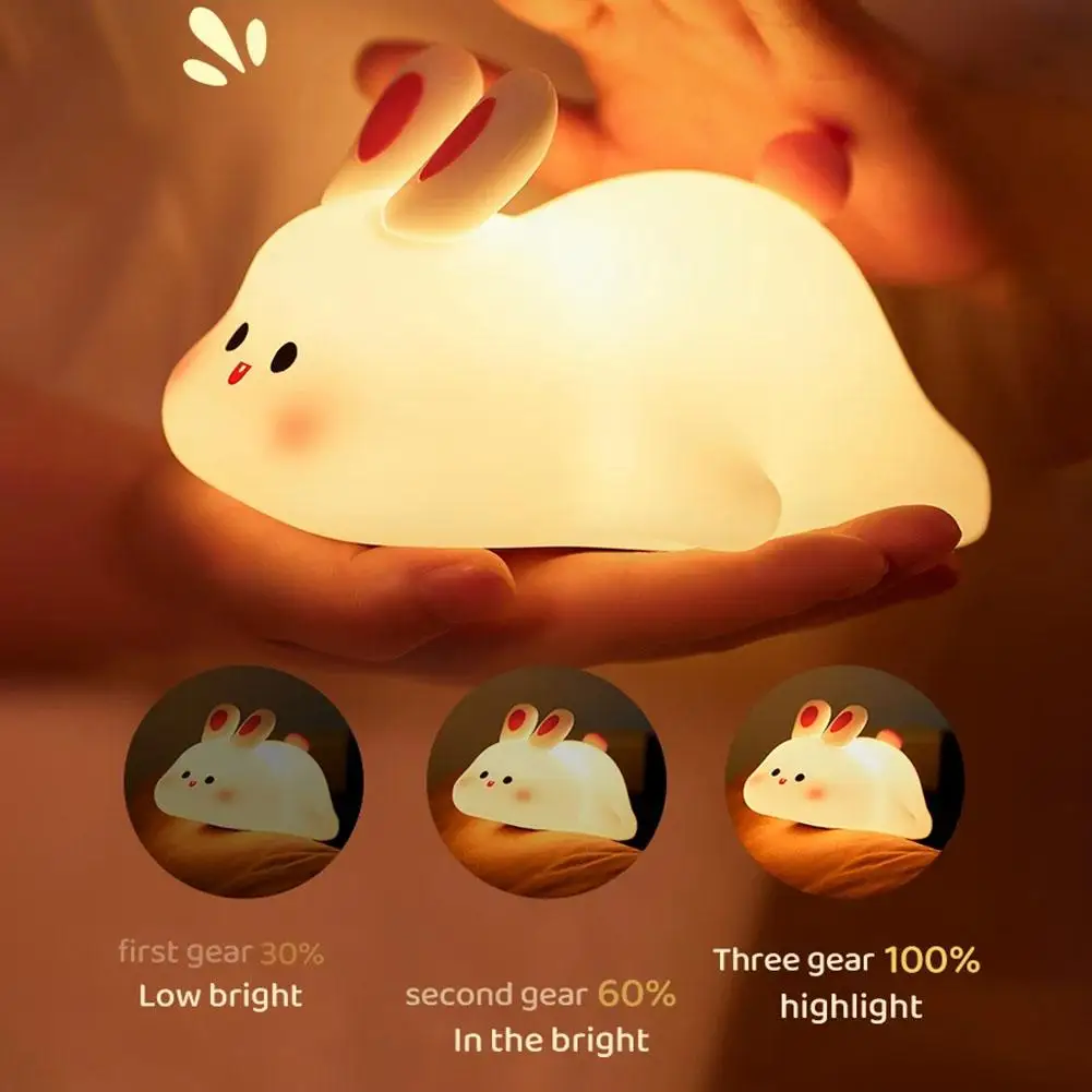 Led Cute Rabbit Night Light Silicone Usb Rechargeable Bedside Night Lamp Sensor For Kid Girl\'s Bedroom Decoration Bedside Decor