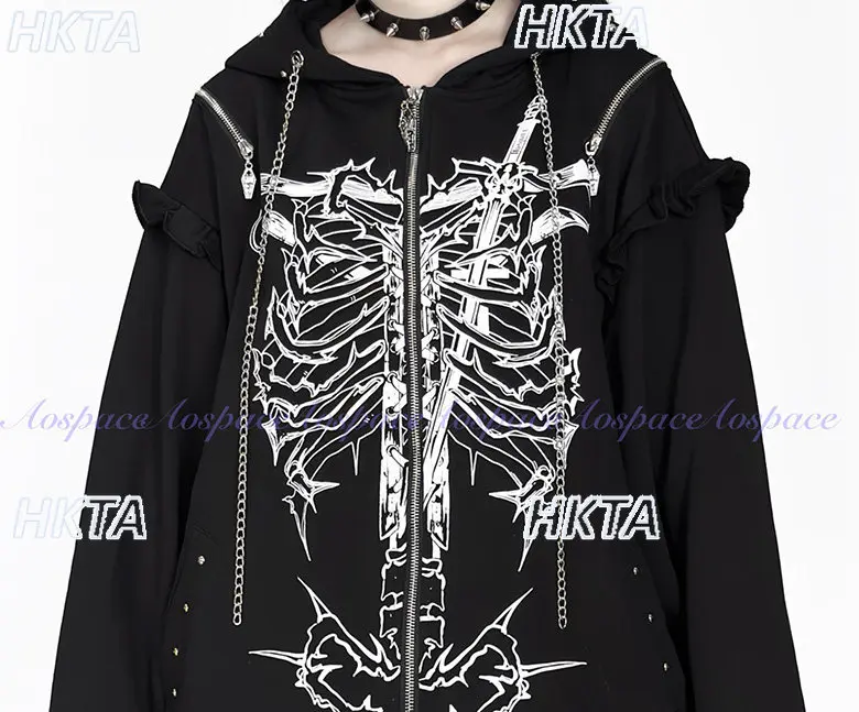 

Subculture Goth Print Rivet Off The Shoulder Chain Zipper Hooded Sweatshirt Jacket Punk Goth Dark Winter Loose Hoodie Coat Women