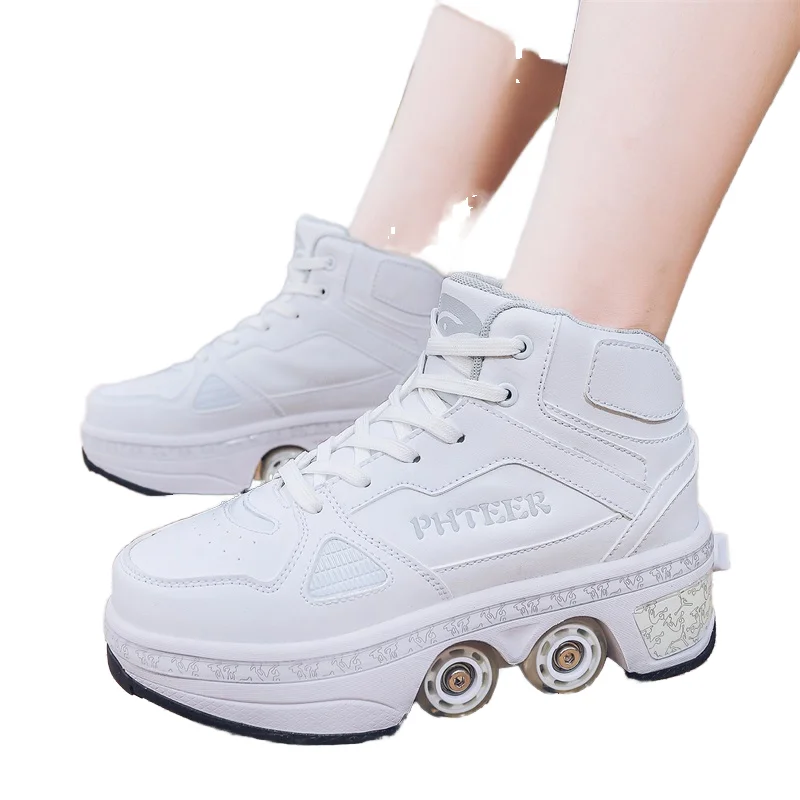 High Quality Roller Skate Shoes Double-Row Walking Shoes with Wheels 2 in 1 Removable Pulley Parkour Skating For Boys Girls Kids