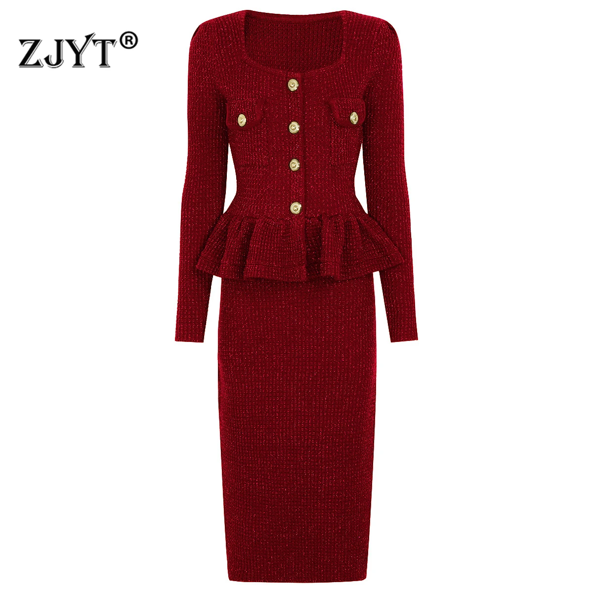 

ZJYT Women Autumn Winter Knitted Sweater Dress Long Sleeve Ruffles Patchwork Casual Elegant Midi Party Dresses Red Vestidos Lady