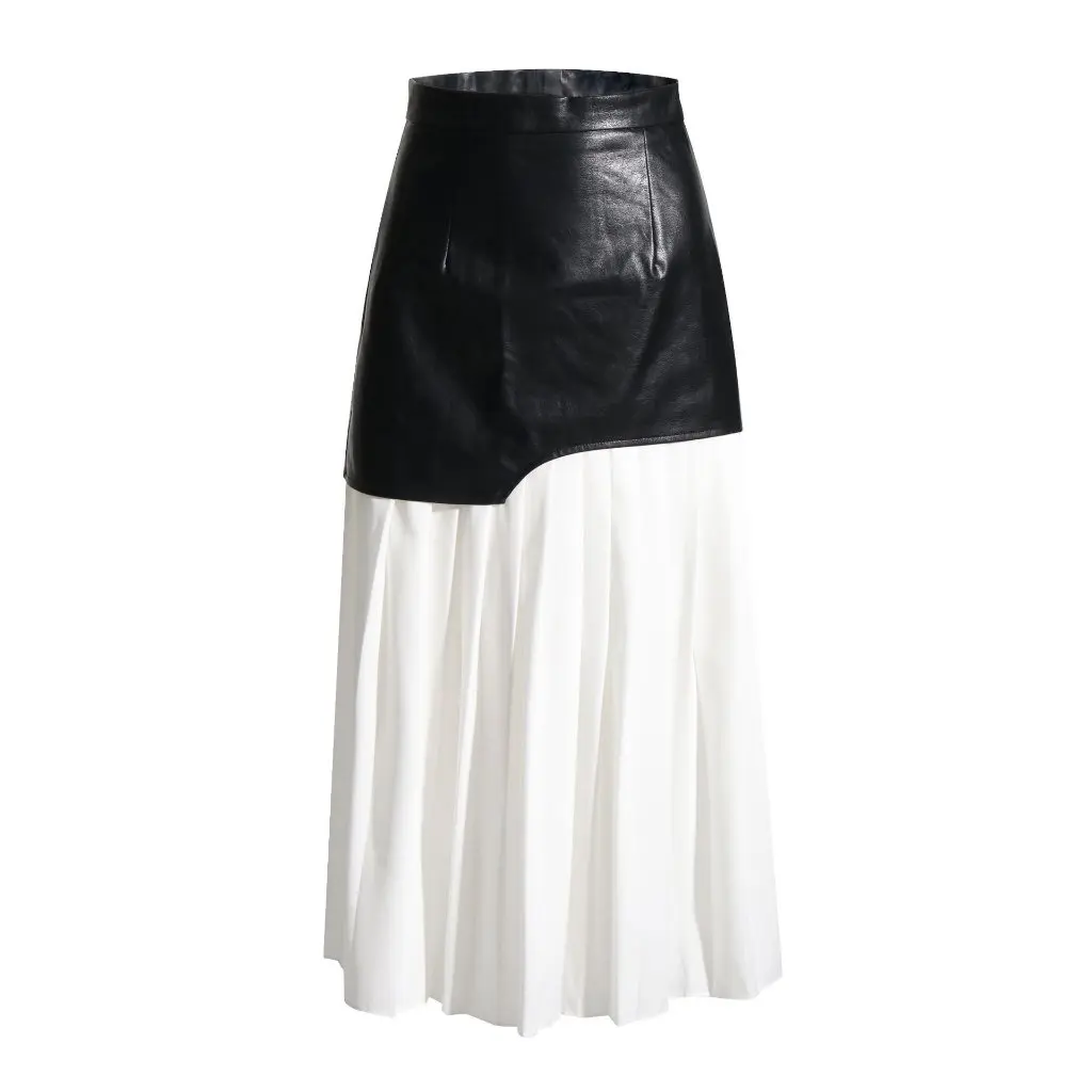 

Summer High Waist Mid-Length PU Leather Patchwork Pleated Skirt for Women Color Contrast Elegant Niche Design