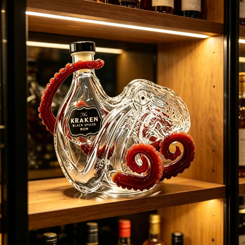 New 1pcs Red Octopus Kraken Spiced Rum Decanter, Unique Glass Liquor Bottle for Whiskey & Bar Decor