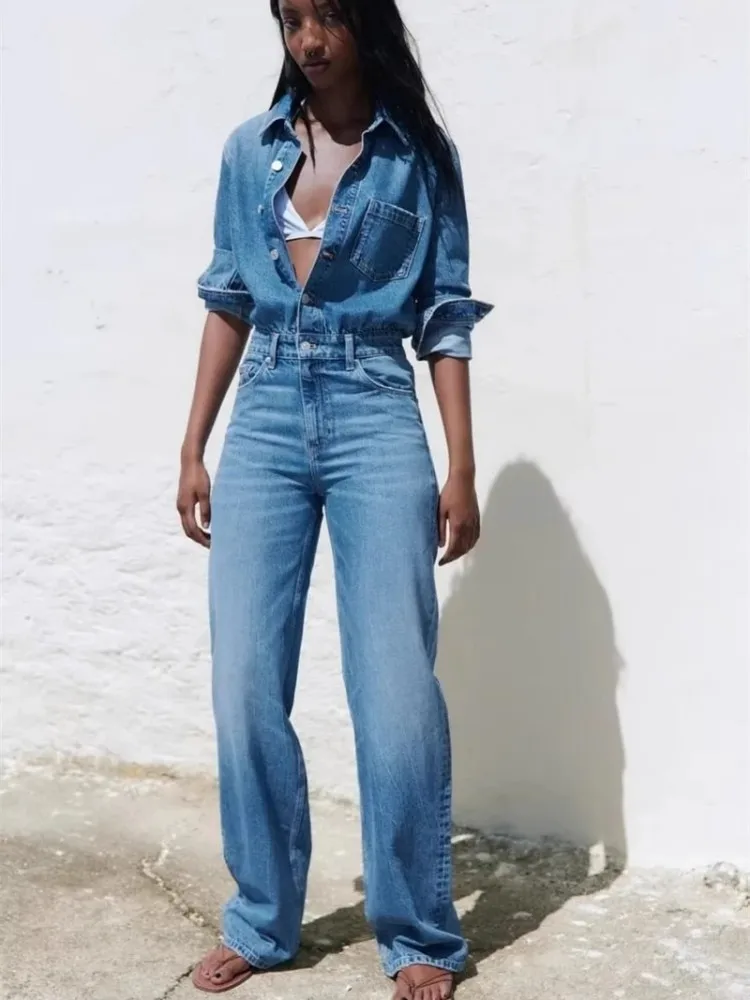 European And American Style Blue Denim High Waisted Jumpsuit Women'S Spring And Autumn Collar Casual Fashion Pants Straight Leg