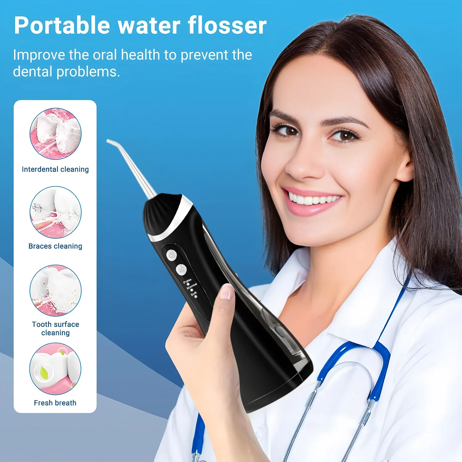 A16 Portable Cordless Water Flosser 3 Cleaning Modes Waterproof Rechargeable 4 Nozzles Dental Cleaner for Gum Health