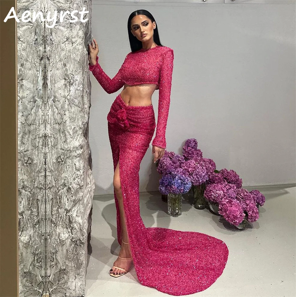 

Aenyrst Sexy Sequined Long Sleeves Saudi Evening Dresses Mermaid Side Split Two-Piece Prom Dress Floor Length Dinner Party Gowns