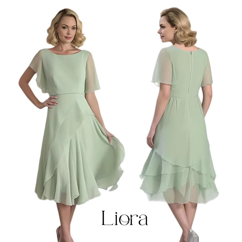 Liora Customized Scoop Neck Short Sleeves Chiffom A-line Hem Ruffle Mother of The Bride Dresses Back Zipper Minin Wedding Party