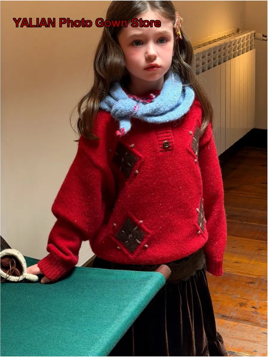Girls Pullover Sweater Kids Autumn Winter Geometric Pattern Knit Top Round Neck
