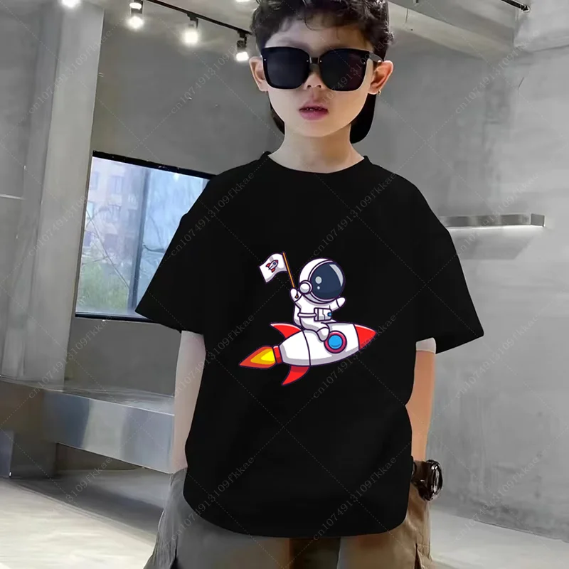 2024 Toddler Boys Summer Clothes Kids Cotton T Shirt Short Sleeve Cartoon Astronaut Children Funny Tops Teenager 3-14y Free Tees