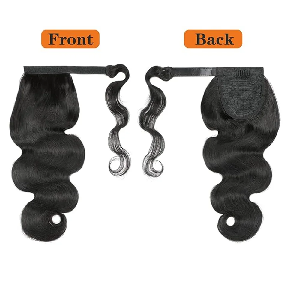 Long Wavy Ponytail Extensions Body Wave Wrap Around Magic Paste Hair Ponytail Clip in Human Hair pieces for Women Girls Natural