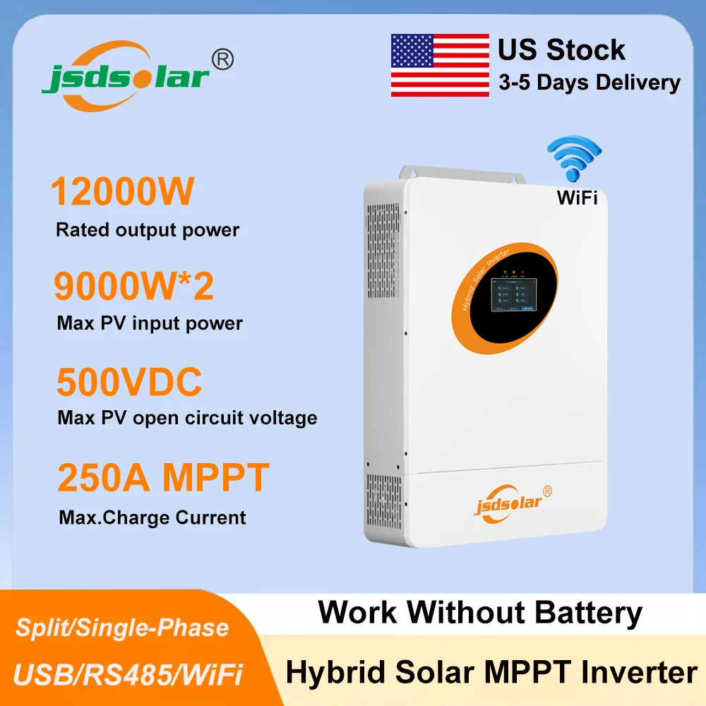 Jsdsolar 12KW 48V Hybrid Solar Inverter 120/240VAC Pure Sine Wave Single Phase Split Phase PV Inverter MPPT 250A With WiFi USB RS485 PV 500VDC Parallel Inverter For Off/On Grid Solar Systems