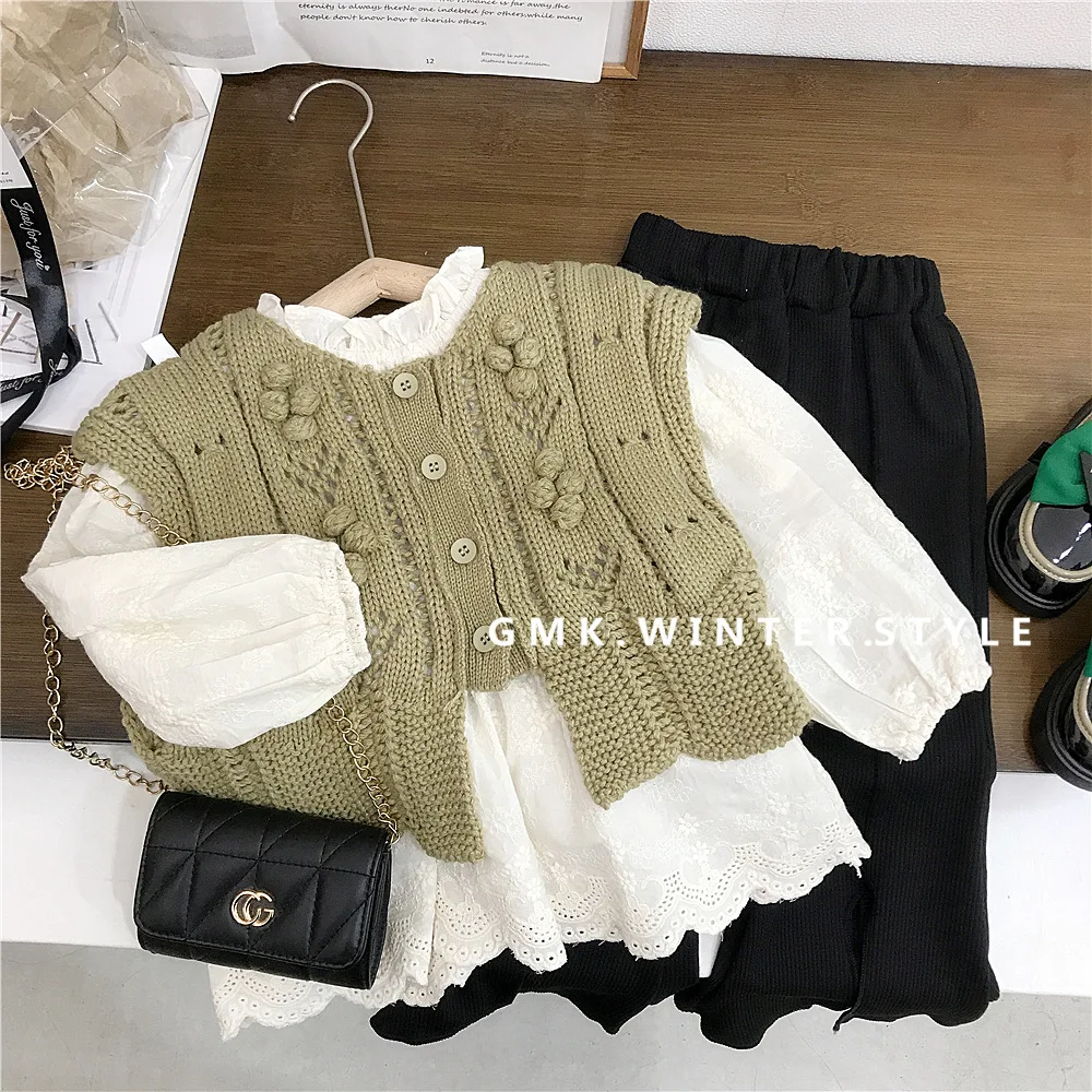 Girls Set 2024 Autumn Vest New Children\'s Lace Doll Sweater Pants Three Piece Set Toddler Girl Winter Clothes