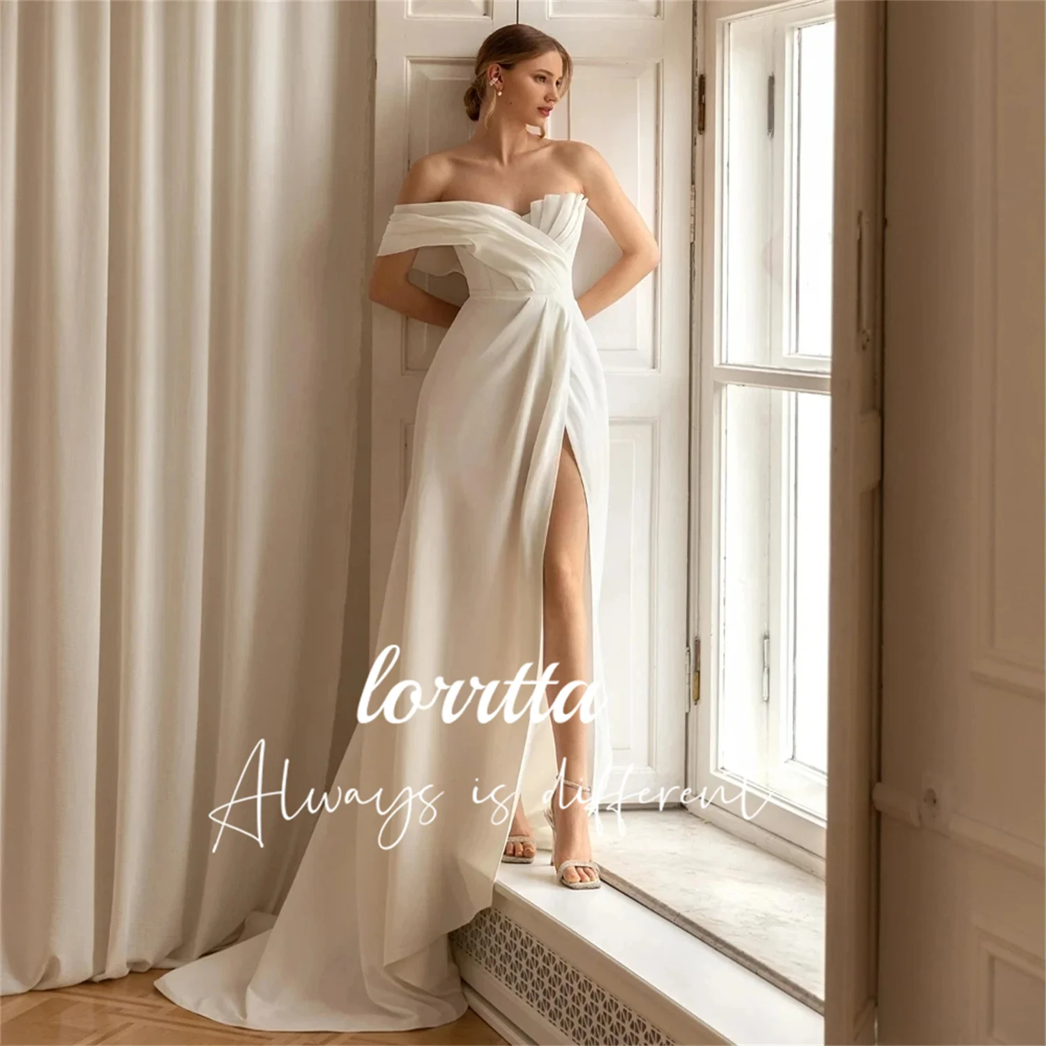 

Lorrtta High Slit Wedding Dress Women's One Shoulder Sexy Backless Bridal Gown Satin Simple Brush Style Trailing فساتين السهرة