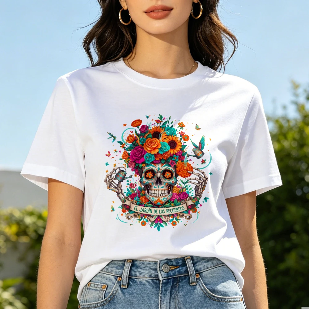 Sugar Skull Printing Tshirt Día De Muertos Unisex Tee Vibrant Calavera Day of the Dead T-Shirt Marigold Sugar Skull Cotton Tee