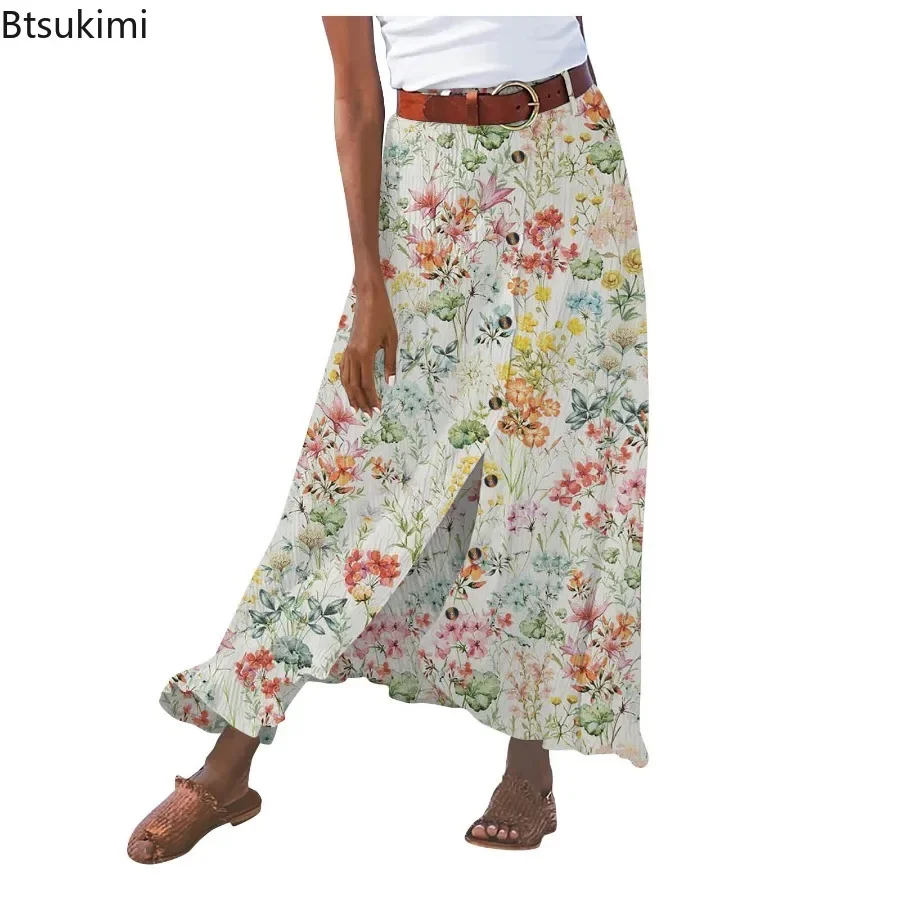 New 2024 Women\'s High Waist Cotton Midi Skirt Dress Button Up Solid Slit Hip Tennis Skirts Holiday Beach A Bottomed Skirt Female