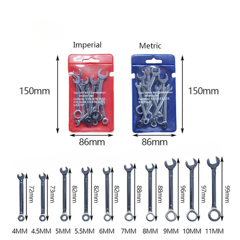 

BIESUO 10pcs Mini Spanner Wrenches Set Hand Tool Key Ring Spanner Explosion-proof Pocket British/Metric Type Wrenches