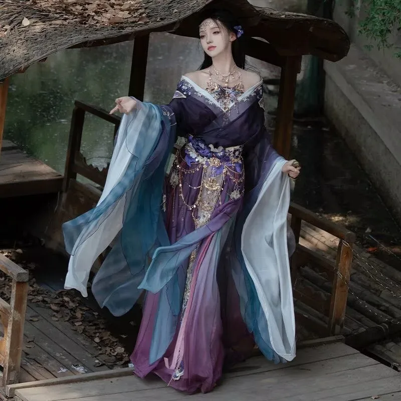 

Chinese Hanfu Dress Women Fairy Cosplay Costume Ancient Vintage Gradient Purple Embroidery Dance Dress Party Outfit Hanfu