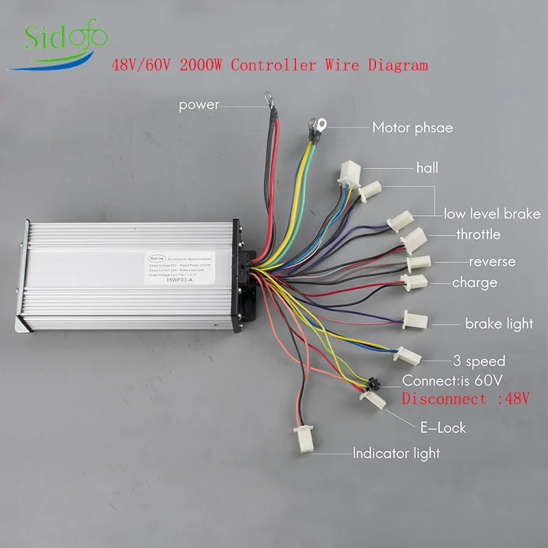 

Sidofo Electric With Controller 2000W 48V 60V Ebike Brushless Motor Escooter Controller 15 Mosfet Bicycle BLDC Reverse 3 Speed