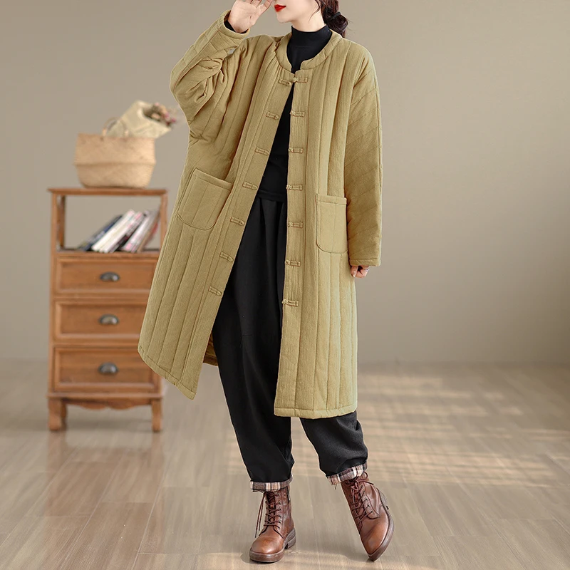 

Новая китайская женская зимняя одежда из конопли и хлопка на пуговицах в стиле ретро, теплая средней длины с открытой передней частью, свободная хлопковая подкладка...