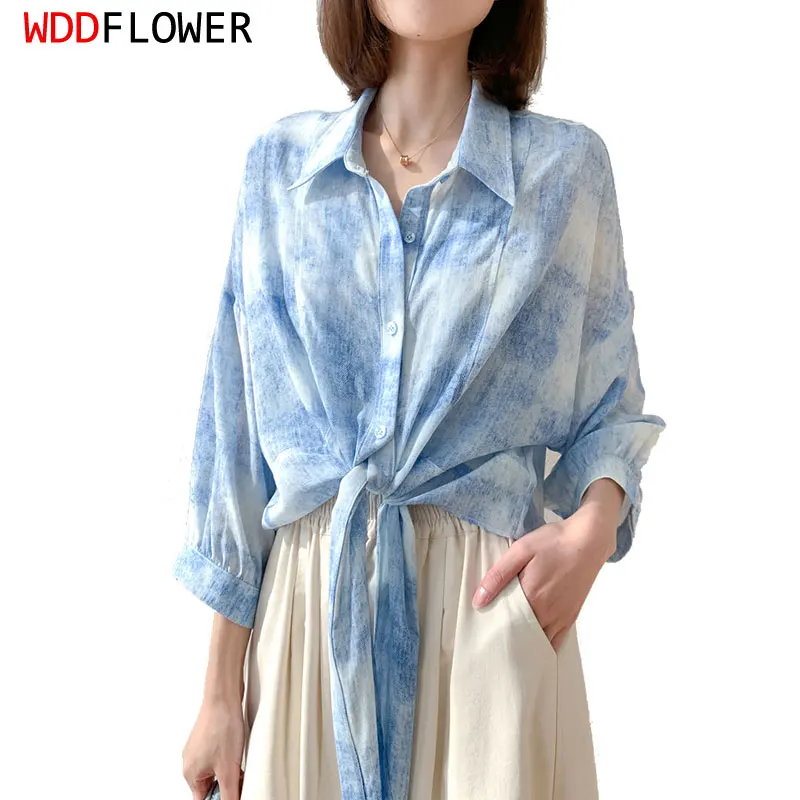 Women Silk Shirt 100% Mulberry Silk 16 Momme Crepe Silk Blue Bow Hem Collared Buttons Down Long Sleeve Loose Top Blouse MM876