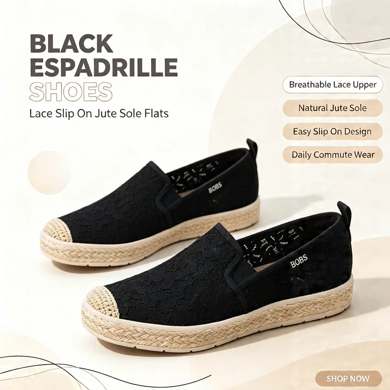 Skechers 114046-BLK Women Black Lace Espadrille Slip On Shoes Breathable Jute Sole Lightweight Daily Loafers