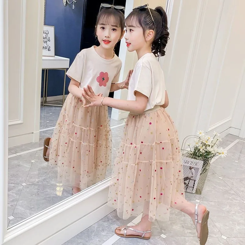 

Детский летний комплект из двух предметов: сетчатое платье и легкий костюм с коротким рукавом из дышащего хлопкового микса, новинка 2026 года для девочек, для праздников