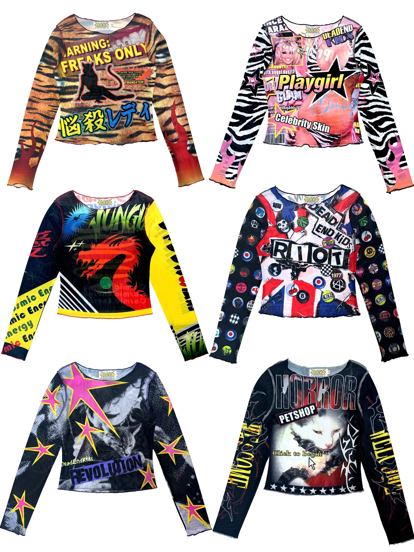 DeadEndKids Original Millennium Print Long Sleeve Mesh Top Sweet Cool Spicy Slimming Breathable Elastic Polyester T-shirt