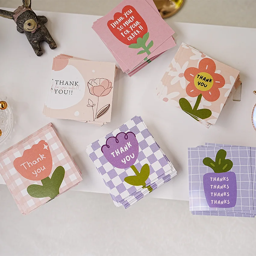 

100Pcs Thank You Cards Cartoon Flower Greeting Postcards Multicolor Universal Gratitude Labels Event Ornament Home Decor 6cm*6cm