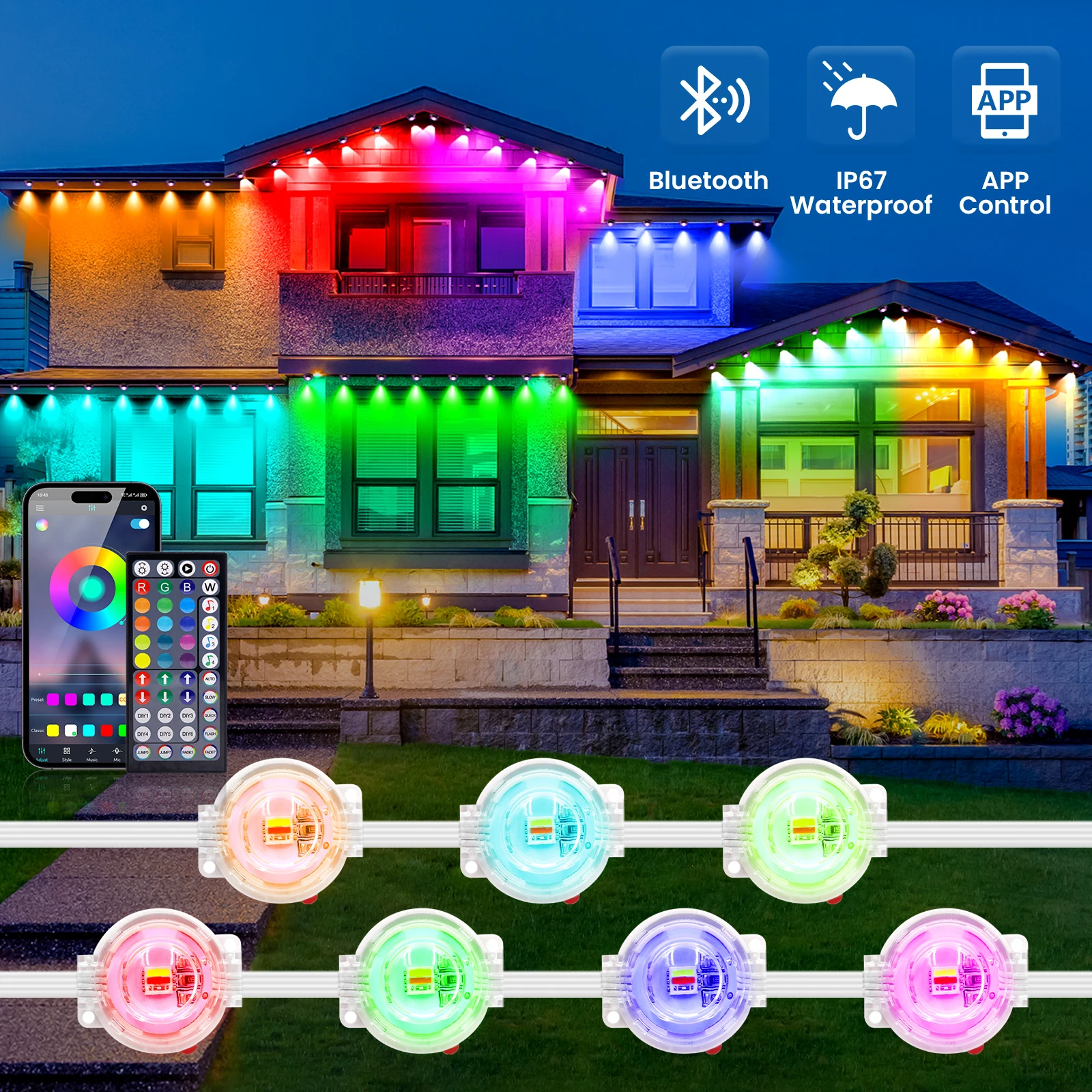 Luces de alero RGBCCT de 15M, 30M, 60M, 90M, con Control por aplicación Bluetooth, modos de escena DIY remotos de 44 teclas, iluminación exterior impermeable IP67