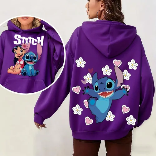 Sudadera con capucha de Disney Lilo & Stitch para mujer, sudadera cálida de gran tamaño con estampado de corazón Floral de dibujos animados, ropa de calle de moda para Otoño/Invierno