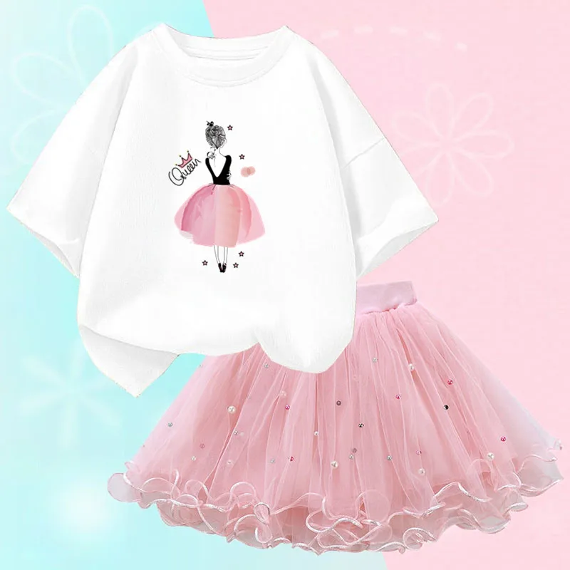 Vestiti estivi per ragazze di moda maglietta carina coreana e gonna Tutu in rete completi a due pezzi Set 3-14 anni abbigliamento da festa per