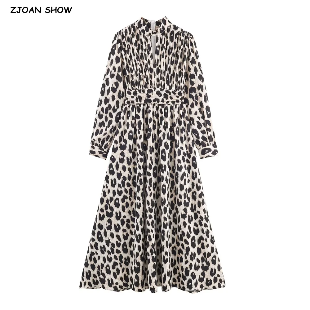 New Vintage Leopard Dot Print Long Puff Sleeve Chiffon Dress Woman Pleated Front Slim High Waist Ankle length Dresses Vestidos