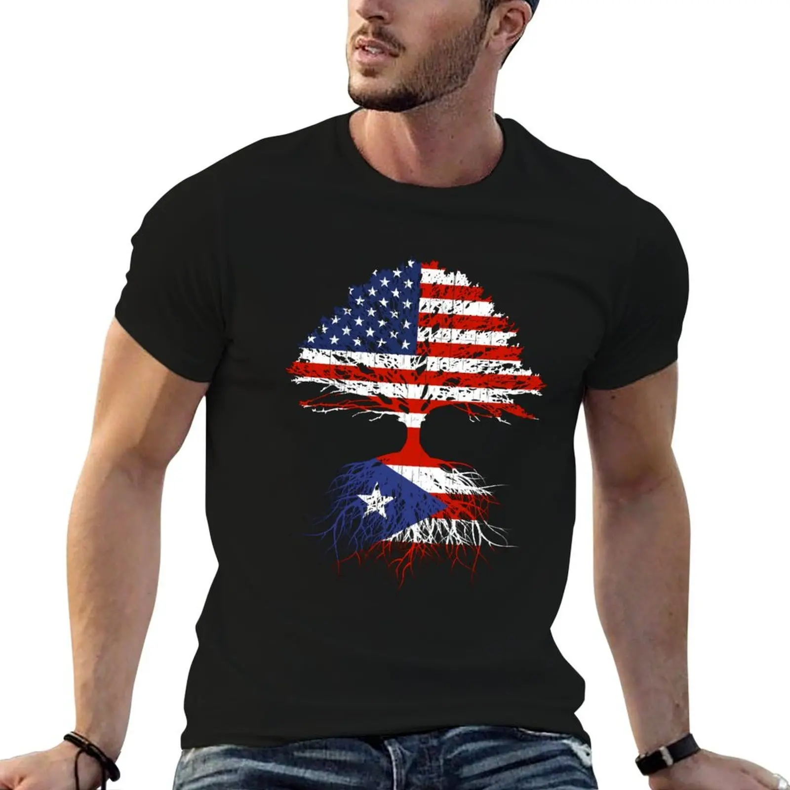 

Puerto Rico Rican Roots Family Immigrant Puerto Rico USA American Flag USA Gift T-Shirt man t shirts cotton T-Shirt