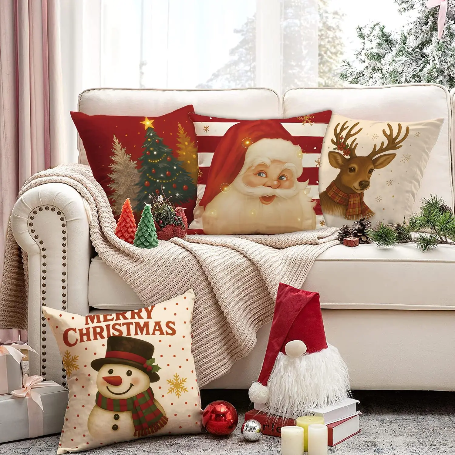 Christmas Snowman Throw Pillow Covers 18x18 Set of 4 Winter Holiday Red Stripes Pillow Cover Xmas Farmhouse Pillowcase Snowflake