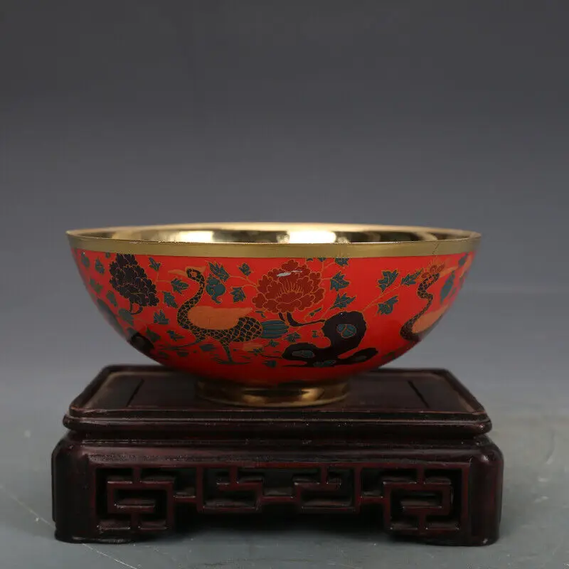 4.7" Chinese Ming Porcelain Red Ground Gilding Flower Branch Animal Bird Bowl