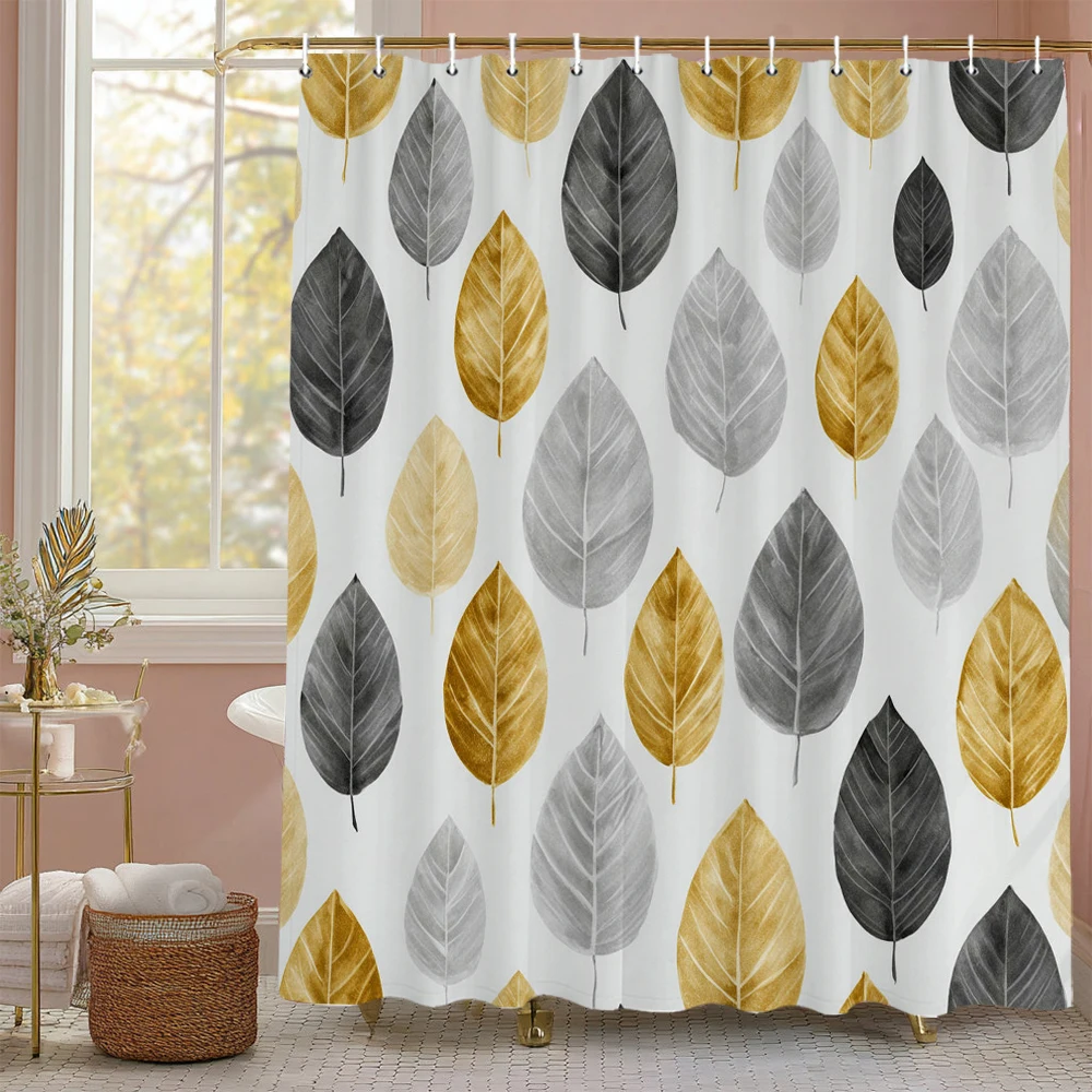 

Golden Leaf Shower Curtain, Bathroom Decorative Shower Curtain, Waterproof Shower Curtain with Hooks
