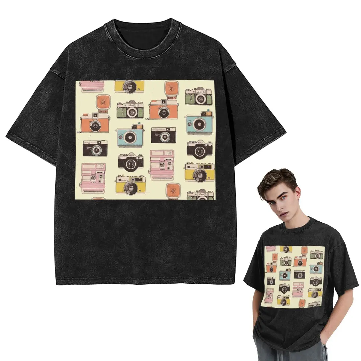 

Уличная одежда, футболки, винтажная стираная футболка с камерой, футболка в стиле хип-хоп с короткими рукавами, топы, футболки для мужчин и женщин