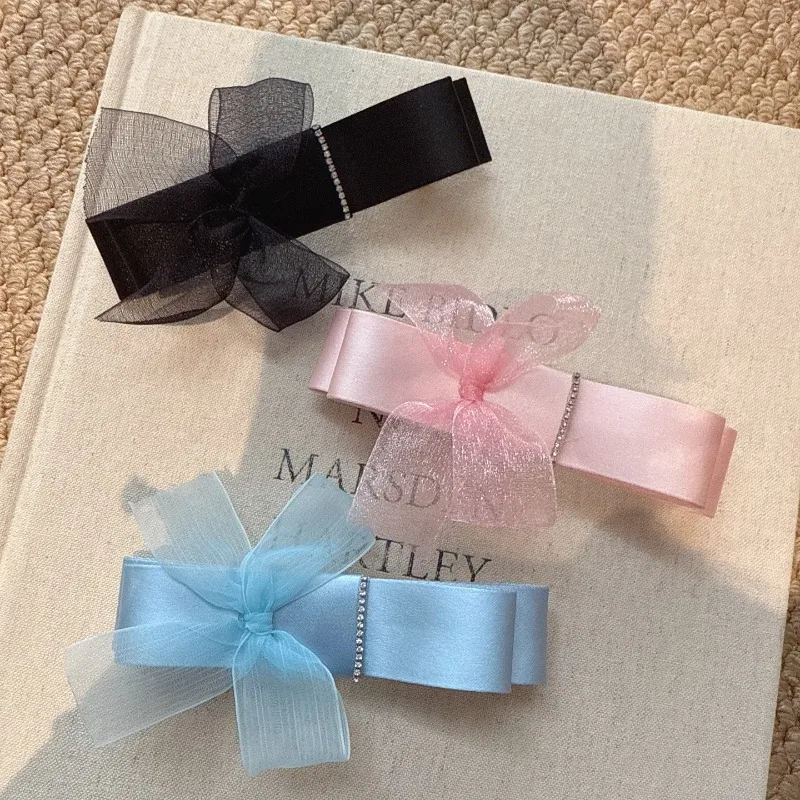 

Заколки для волос в корейском стиле с бантом из прозрачной сетки и стразами, 12 см, атласные ленточные заколки для женщин, элегантные пружинные заколки для повседневного использования и вечеринок