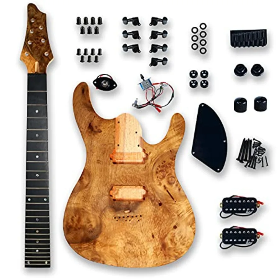 

DIY 7 String Electric Guitar Kit Burl Poplar Veneer Top Okoume Body Maple Neck Composite Ebony Fingerboard You Build the Guitar