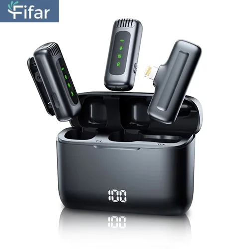FIFAR-micrófono de solapa Lavalier inalámbrico, grabación de Audio portátil con reducción de ruido para iPhone, Android y PC con caja de carga