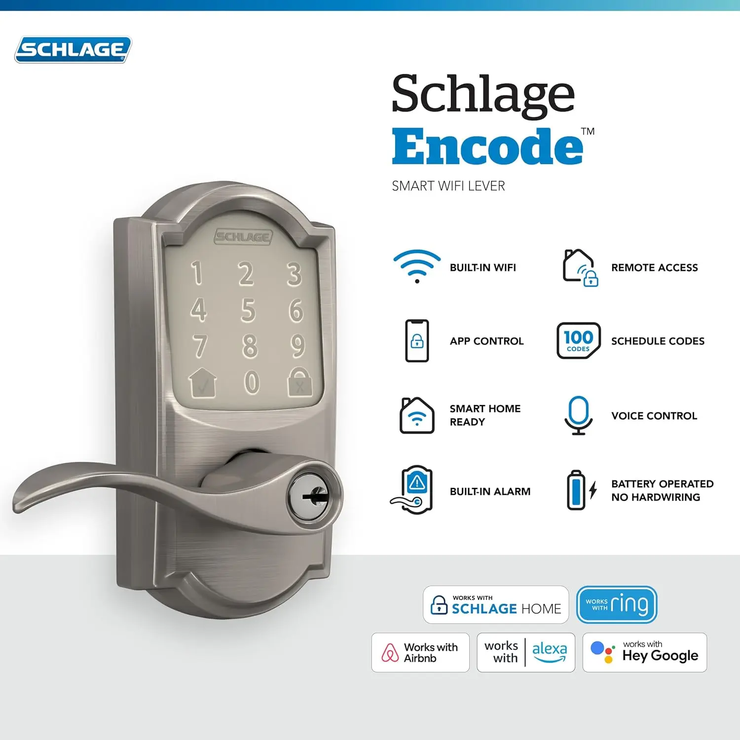 Encode cerradura inteligente con palanca de acento WiFi, entrada sin llave, cerradura de puerta con pantalla táctil, embellecedor de camelote