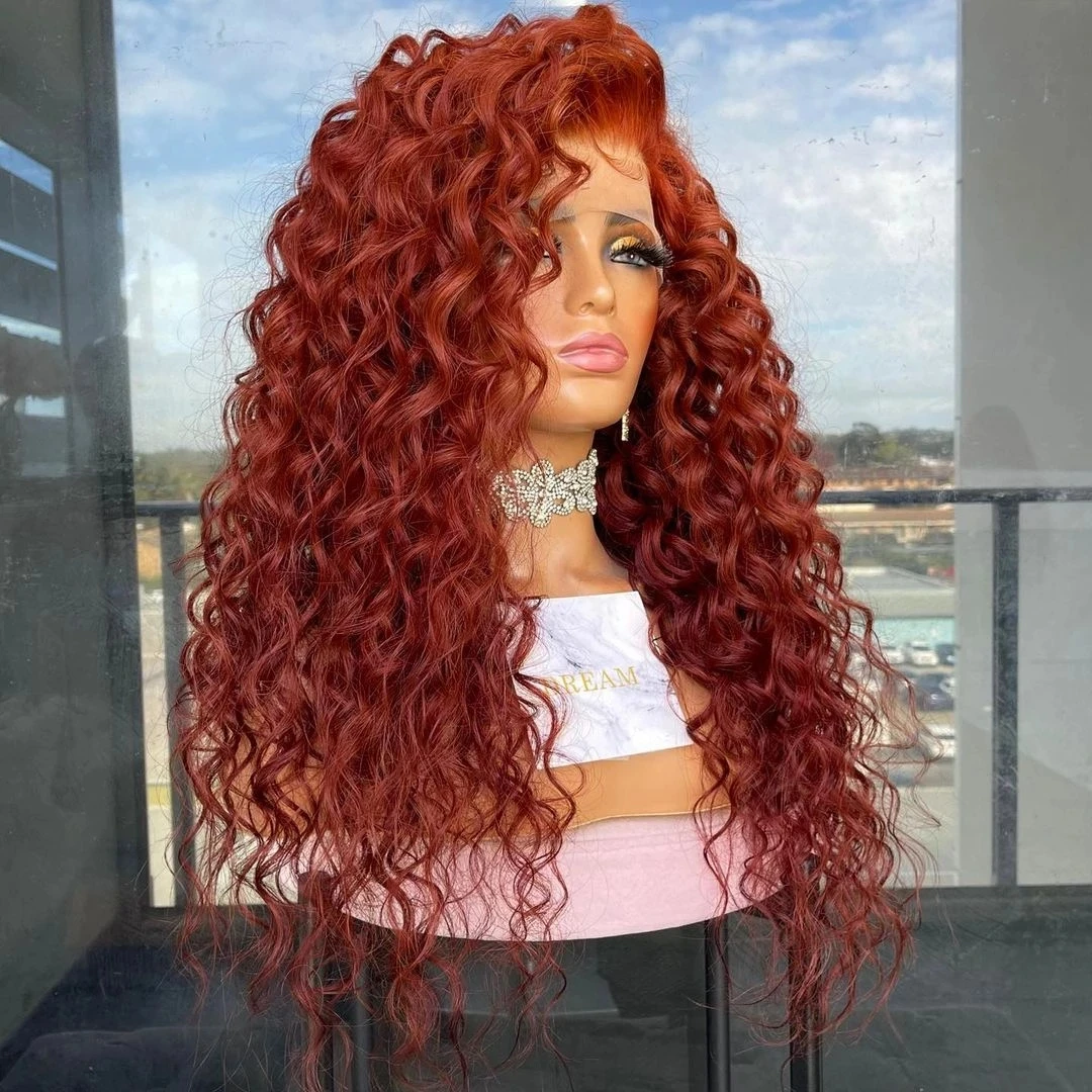 Loose Curly Burgundy Red Synthetic Hair Lace Front Wigs For Black Women Free Part Frontal Fiber Hairline Glueless