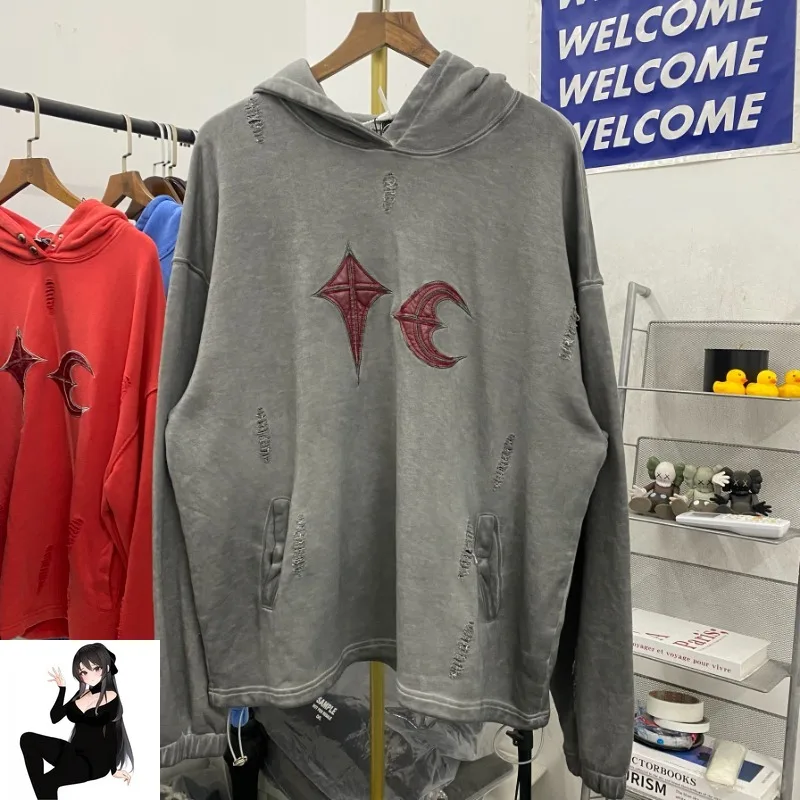 Washed Thug Club Hole Damaged Hoodie Embroidery Red Leather Moon Star Ptach Pattern Sweatshirts Men Women Winter Pullovers Dress