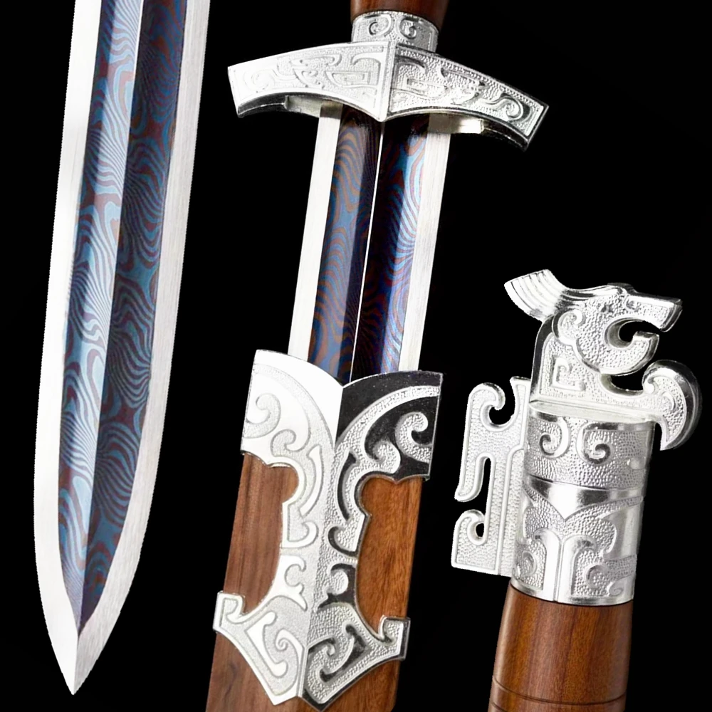 Dragon Sword Chinese KungFu Han Tang Saber Battle Jian Handmade Sharp Folded Pattern Steel Blade/Good Quality Rose Wood Saya