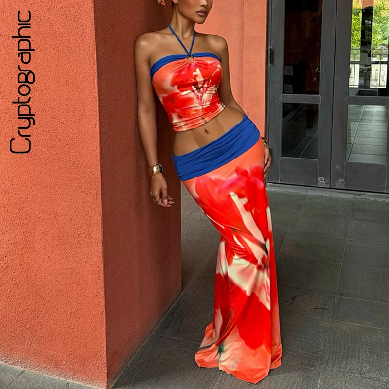 

Red Blue Contrast Floral Print Halter Neck Backless Crop Top and Maxi Skirt Set Vacation Beach Summer 2 Piece 2026