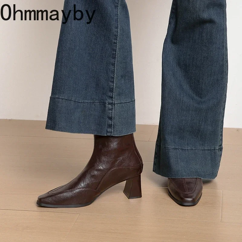 Vintage Thick Heel Fur Lining Woman Ankle Boots Elegant Square Toe Dress Shoes Autumn Winter Ladies Warm Plush Short Booties