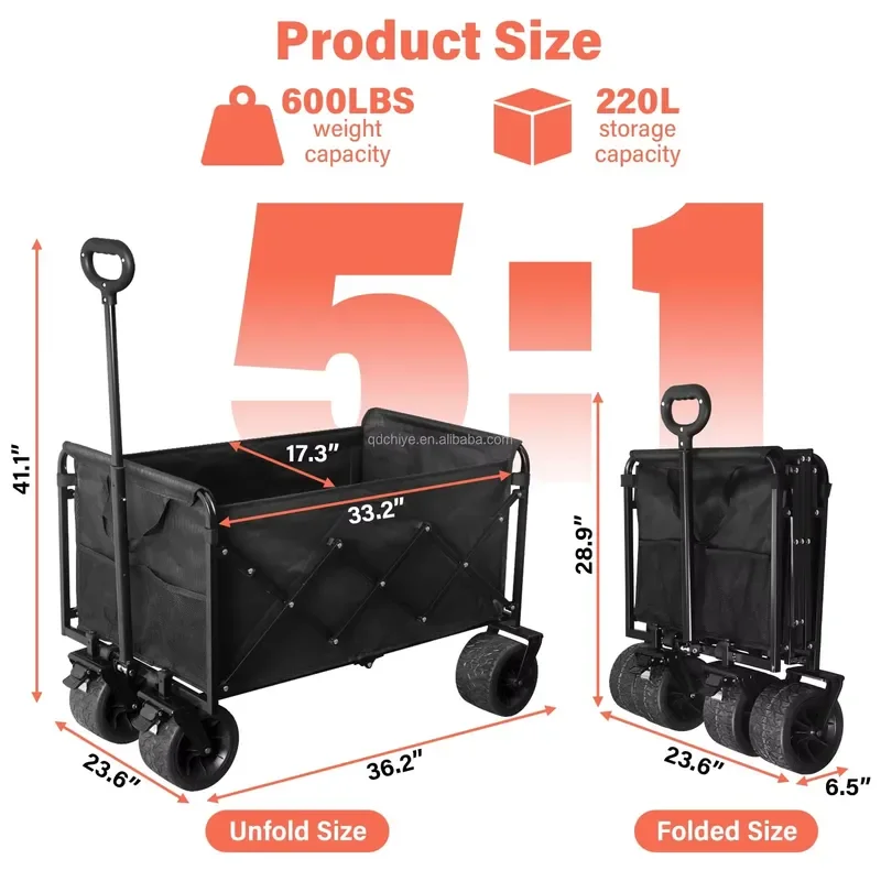 for Heavy Duty Foldable Platform Outdoor Wagon Garden Cart with Wide Tires and Adjustable Handle for Camping Picnic