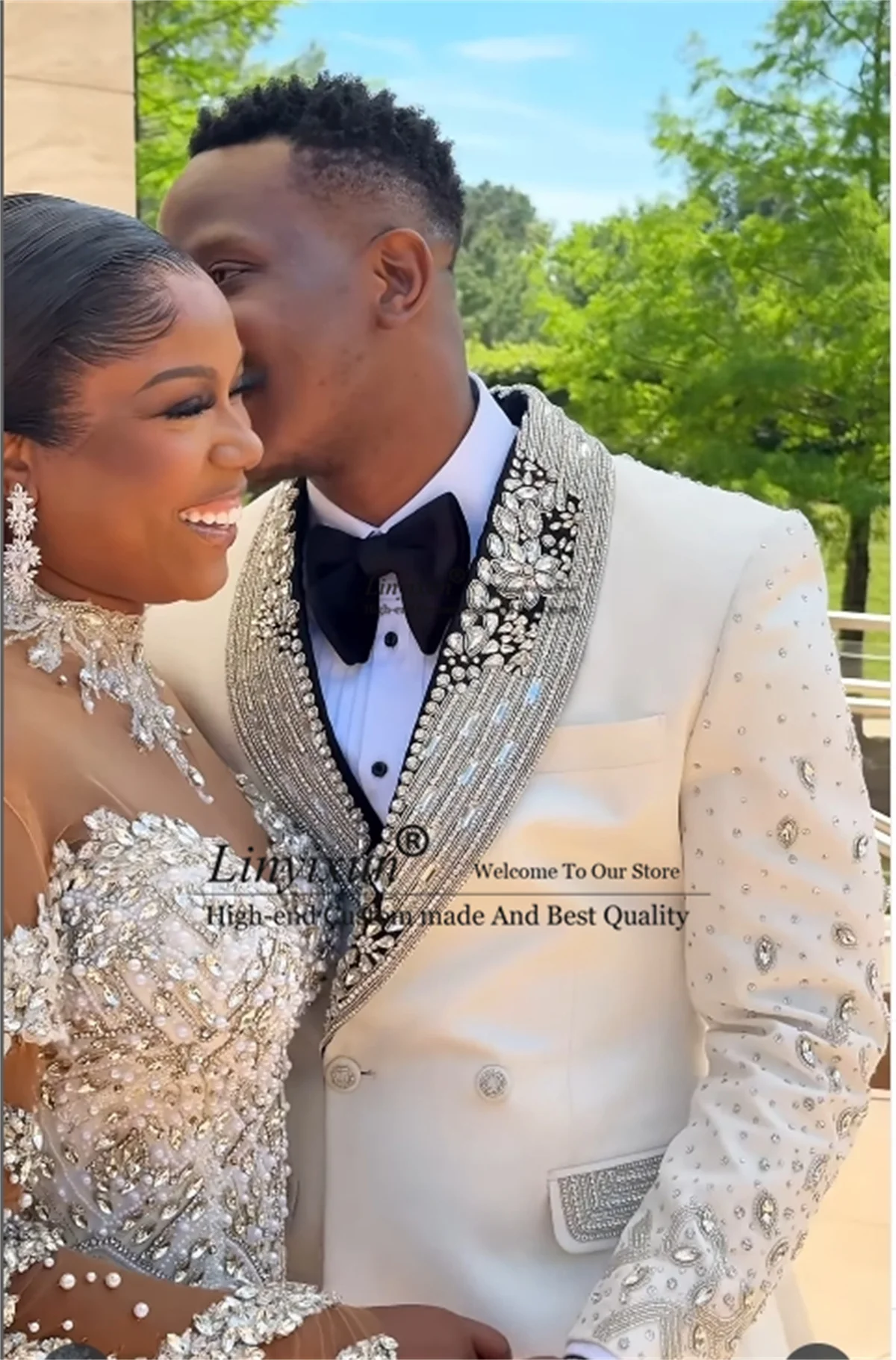 

Sparkly Diamond Ornament Men Suits 2 Pieces Sets Groom Male Blazers Double Breasted rajes para hombre Customized Wedding Tuxedos