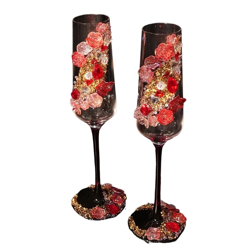 

Tall champagne cup floral decoration newlyweds wedding toasting cup toasting teacup ceremony feeling simulated flower