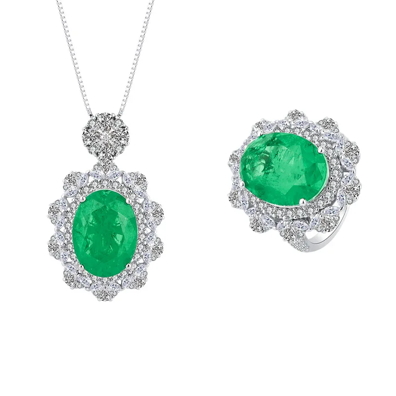 Jewelry S925 Sterling Silver Emerald Wood Pendant Ring Set Large Oval Main 12*16