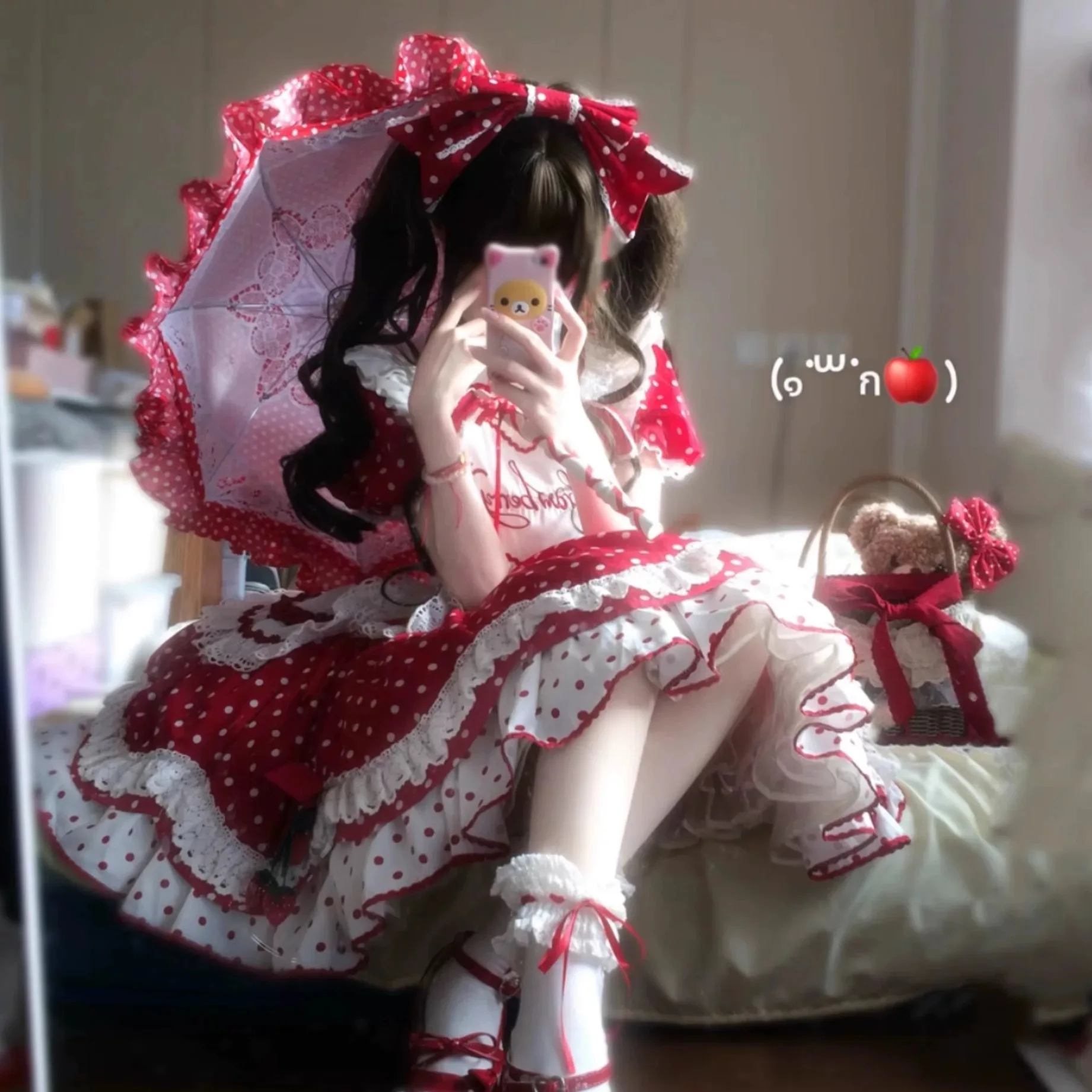 Robe Lolita japonaise douce, ensemble tablier, robe d'été pour filles, avec nœud mignon, imprimé à pois, manches courtes, robe d'anniversaire de princesse OP Y2K